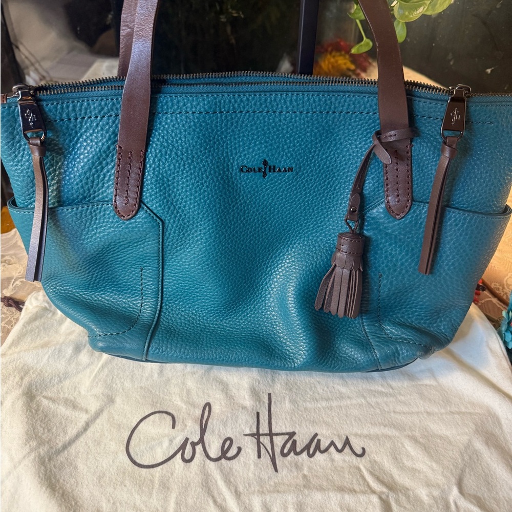 Cole Haan Teal Tote with Dark Brown Straps